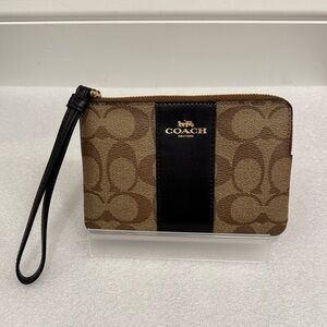 Coach Tan and Black Signature logo Wristlet wallet